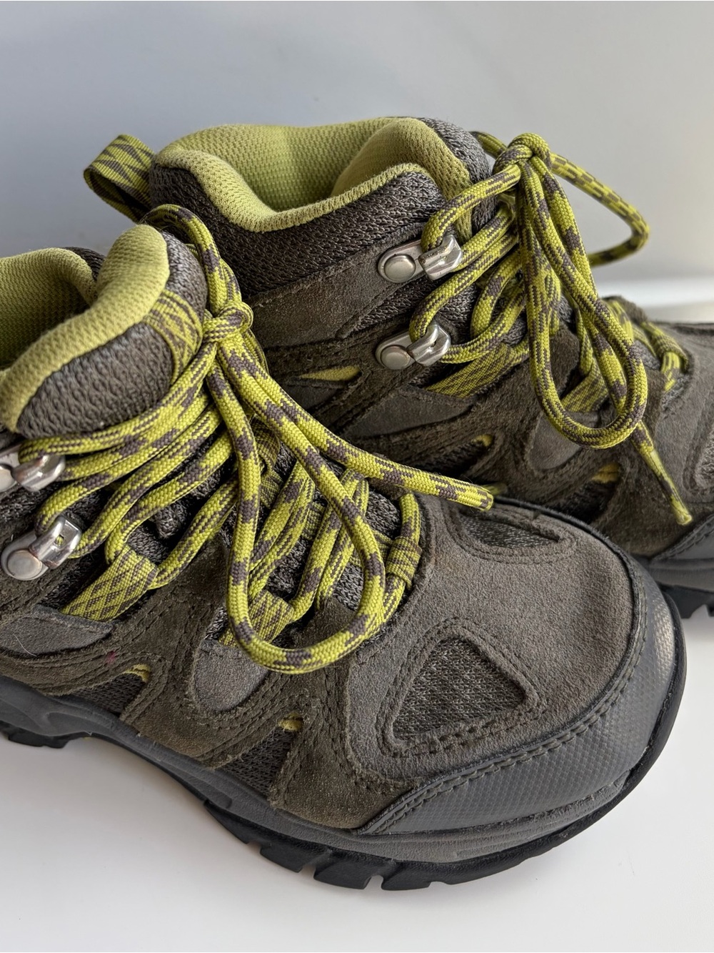 L.L. Bean Olive Green Kids Hiking Boots with Lime Accent Laces R1